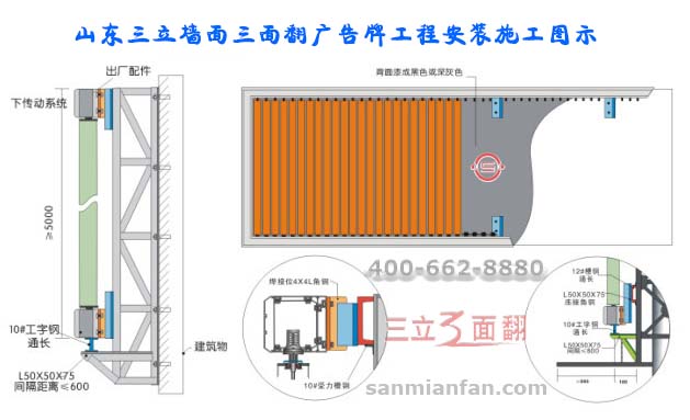 樓體外墻面三面翻廣告牌工程安裝施工圖示